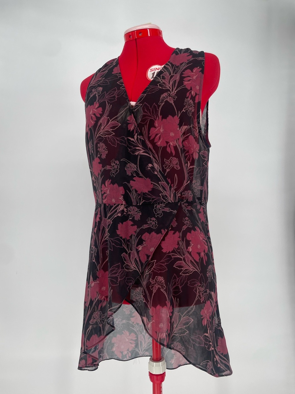 BCBGeneration Chiffon Floral Sheer Faux Wrap Tank Top Tunic Asymmetrical Hem